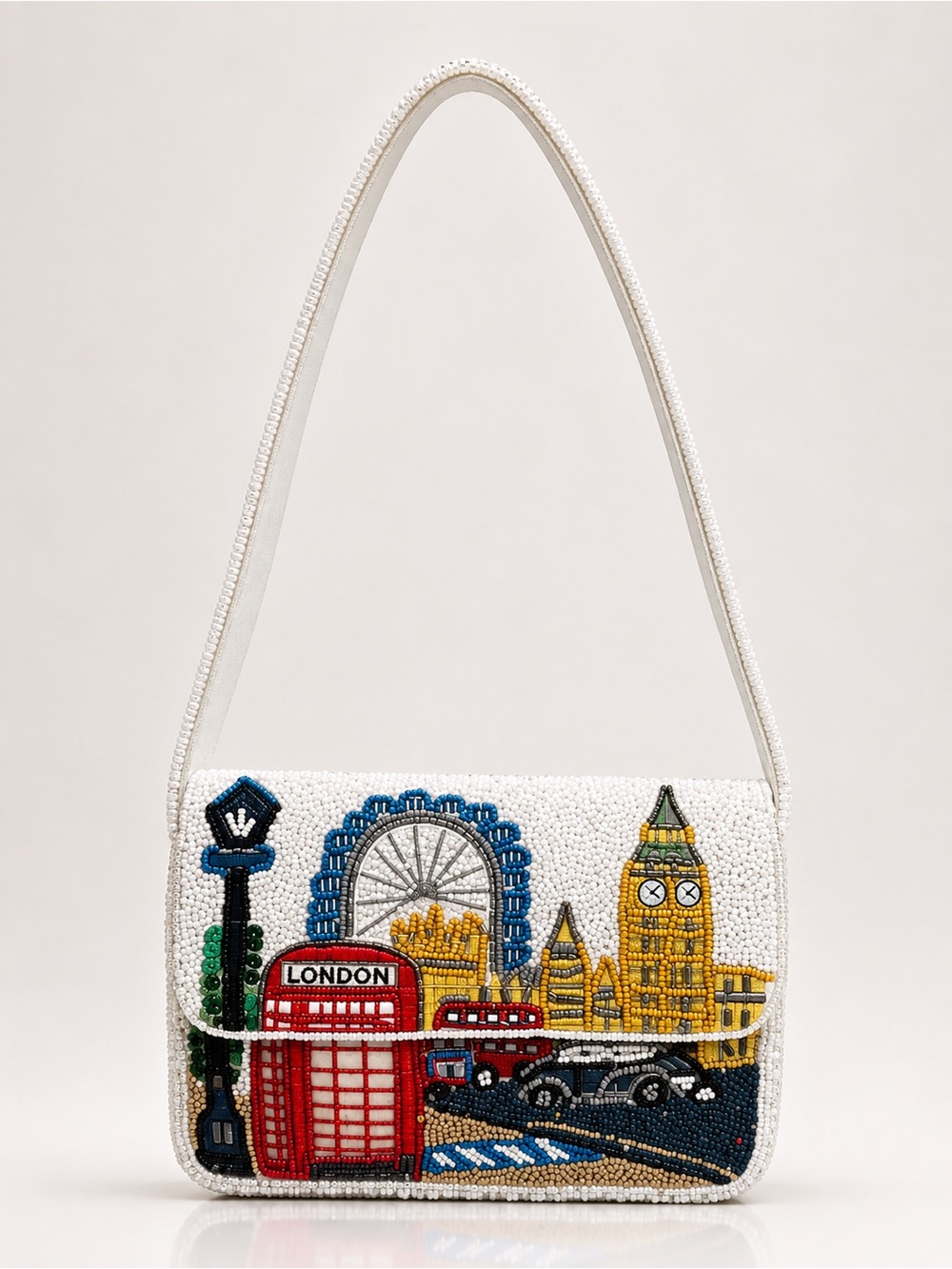 White Beaded London Landmark Shoulder Bag